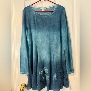 Feratelli Crochet Boho Blue Knit Long Sleeve Floral Sweater Large